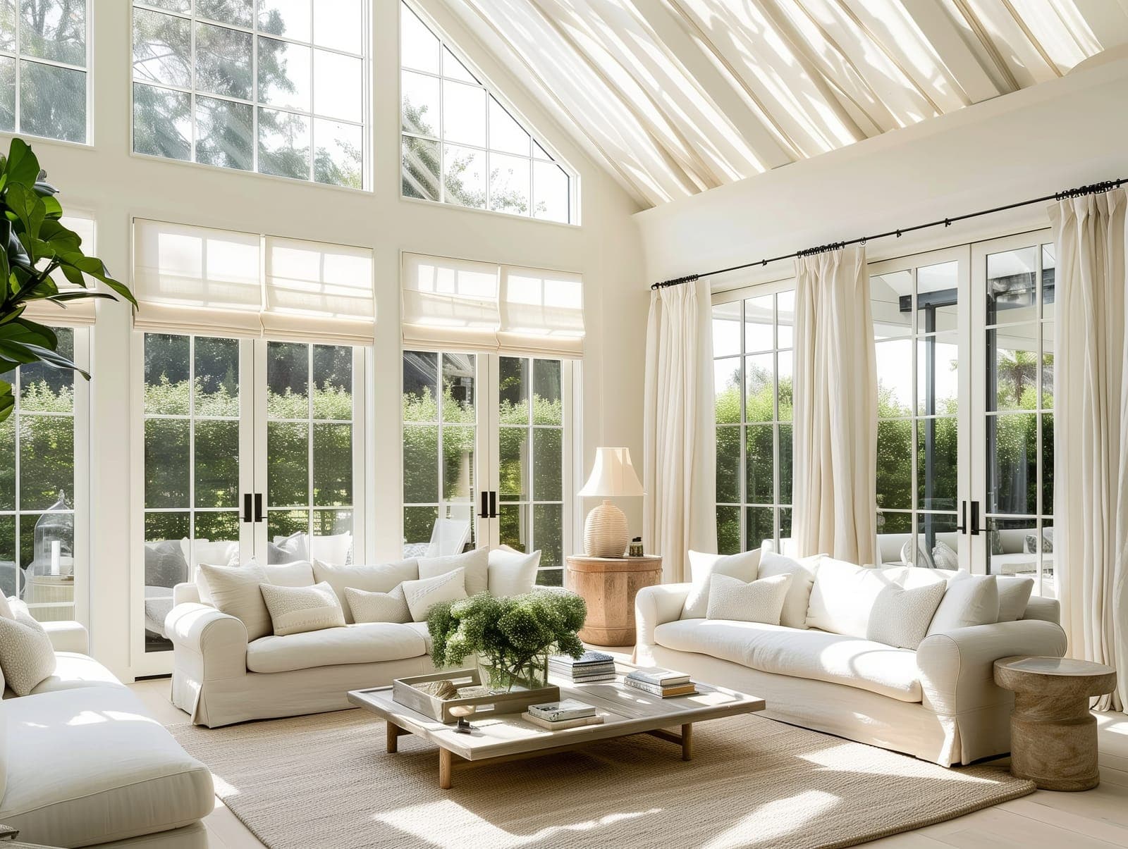 Sala de estar luminosa estilo Hamptons con techo abovedado, sofás blancos y puertas francesas que dan al jardín