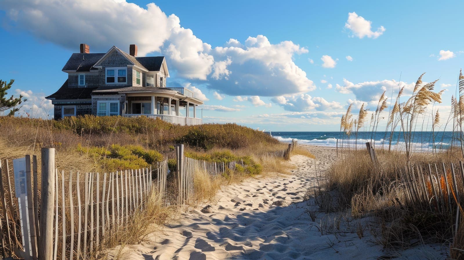 A shingled gabled beach house at the top of a sandy path lined with wooden dune fencing, ocean visible on the horizon — Quiogue, NY
