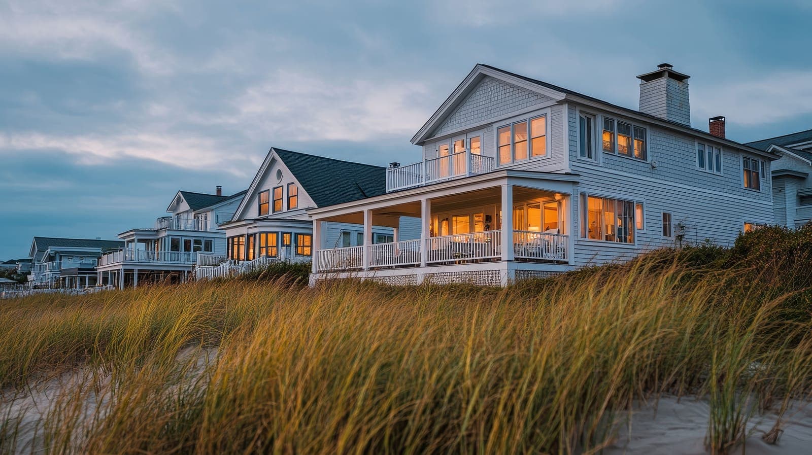 A row of white shingle-style beach houses at twilight, windows glowing warm against the dusk sky, tall dune grass in the foreground — Westhampton, NY
