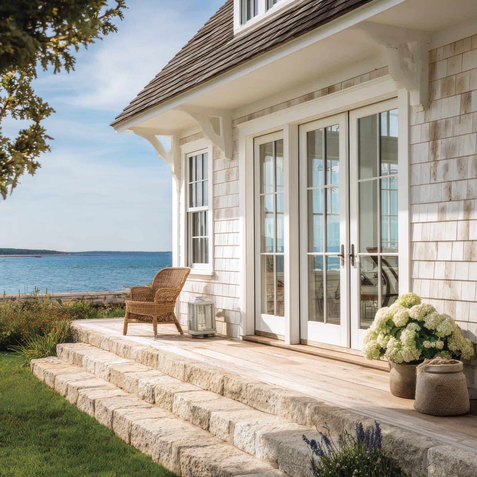 Casa estilo cottage de los Hamptons con tablillas grises, puertas francesas blancas que dan a una terraza frente a la bahía, hortensias y escalones de piedra