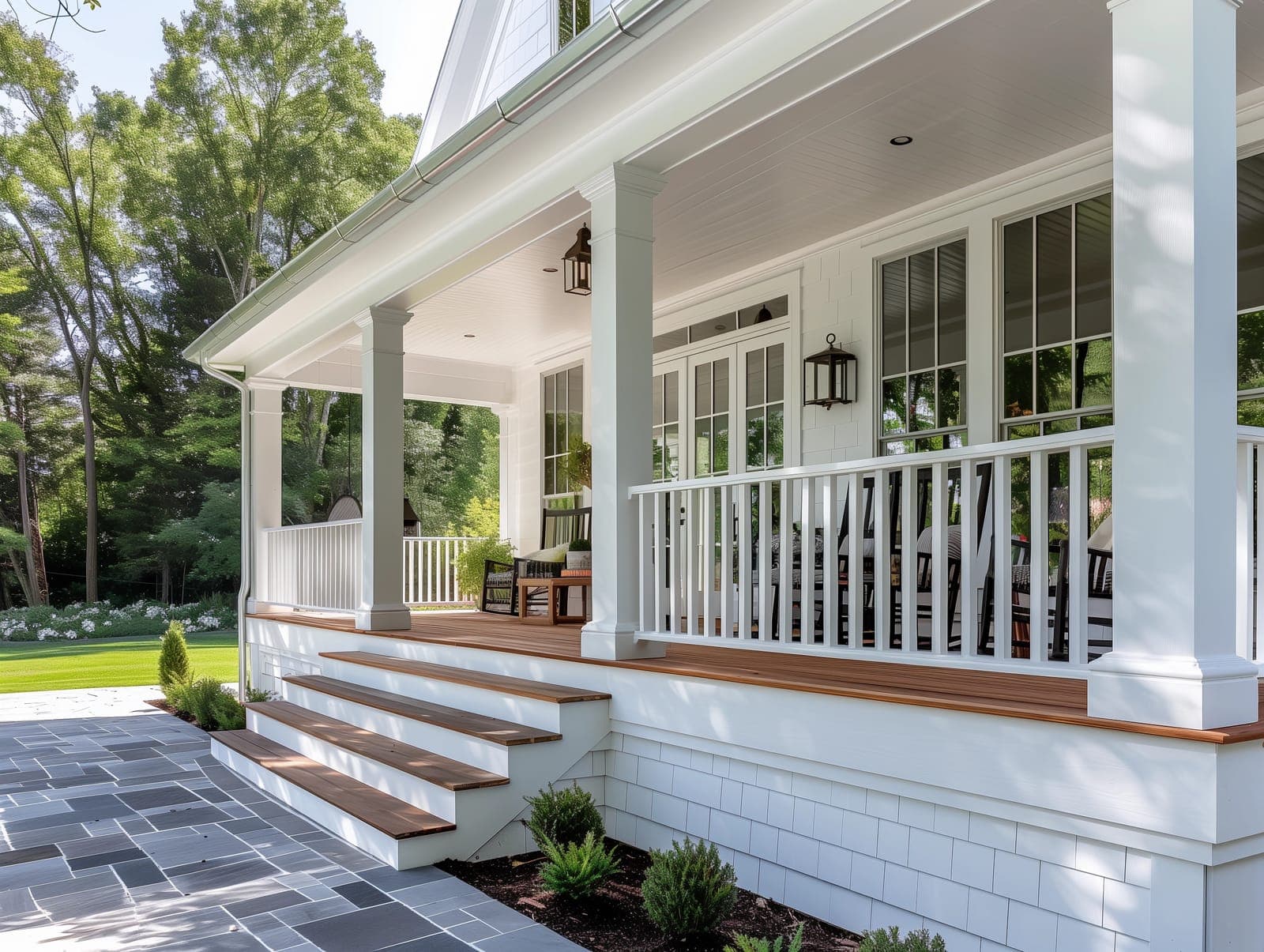 The covered front porch of a white-columned Hamptons home with rocking chairs, a mahogany deck, and a bluestone patio