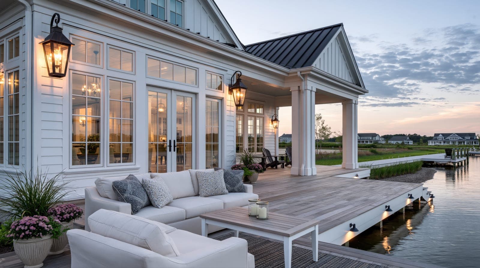 A covered waterfront porch at dusk with white columns and lantern sconces, outdoor seating overlooking calm water — Springs, NY